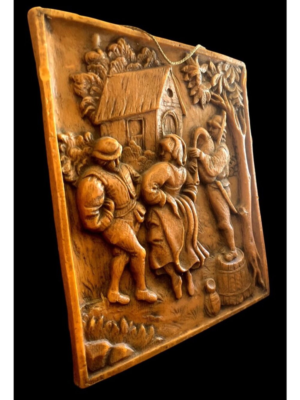 Vtg Belgian Hand-Carved Wax Relief Panel Breughel Style Scene Wall Art - Picture 2 of 5